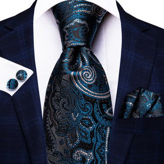 Dark Blue Black Floral Silk Necktie Pocket Square Cufflinks Set