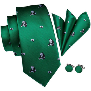 Green Panda Novelty Silk Necktie Pocket Square Cufflinks Set