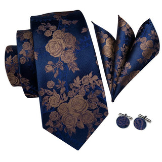 Deep Blue Brown Floral Silk Necktie Pocket Square Cufflinks Set