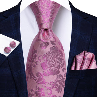 Peach Pink Floral Silk Necktie Pocket Square Cufflinks Set