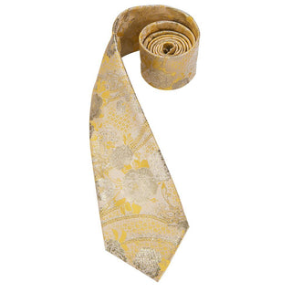 New Silver Light Yellow Floral Silk Necktie Pocket Square Cufflinks Set