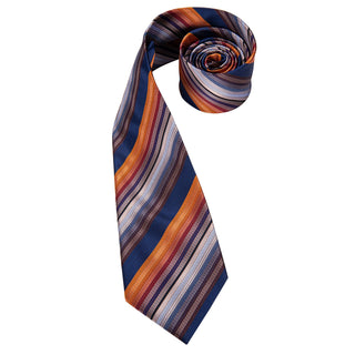 Orange Blue Brown Striped Silk Necktie Pocket Square Cufflinks Set