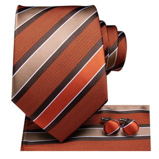 Orange Black Striped Silk Necktie Pocket Square Cufflinks Set