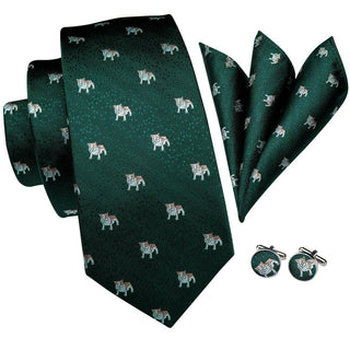 New Green Cat Novelty Silk Necktie Pocket Square Cufflinks Set
