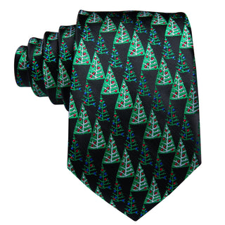 Green Black Christmas Tree Novelty Silk Necktie Pocket Square Cufflinks Set