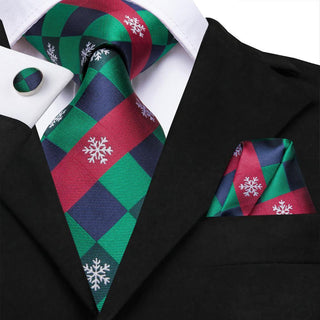 Green Red Blue Novelty Plaid Silk Necktie Pocket Square Cufflinks Set
