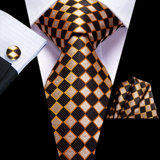 Golden Brown Plaid Silk Necktie Pocket Square Cufflinks Set