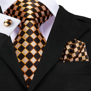 Golden Brown Plaid Silk Necktie Pocket Square Cufflinks Set