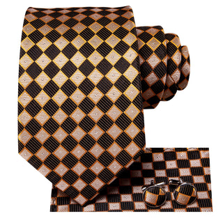 Golden Brown Plaid Silk Necktie Pocket Square Cufflinks Set