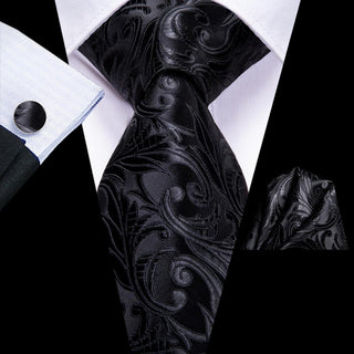 Black Floral Solid Silk Necktie Pocket Square Cufflinks Set