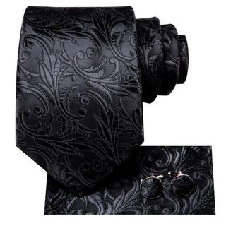Black Floral Solid Silk Necktie Pocket Square Cufflinks Set