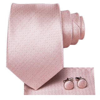 Glossy Solid Pink Silk Necktie Pocket Square Cufflinks Set