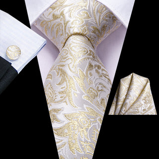 White Gold Paisley Silk Necktie Pocket Square Cufflinks Set