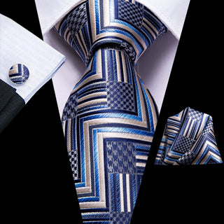 Khaki Blue Plaid Silk Necktie Pocket Square Cufflinks Set