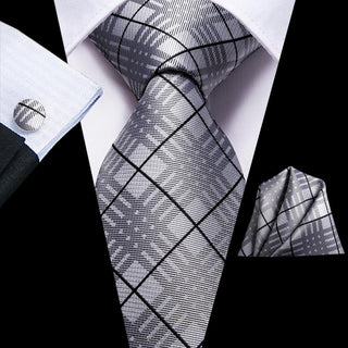 Silver Black Plaid Silk Necktie Pocket Square Cufflinks Set