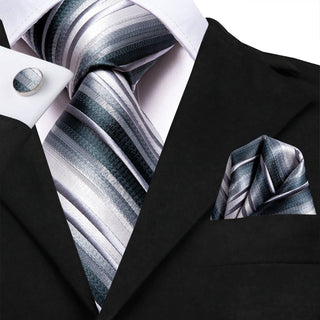 Gray Green Striped Silk Necktie Pocket Square Cufflinks Set