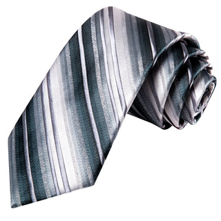Gray Green Striped Silk Necktie Pocket Square Cufflinks Set