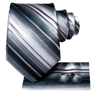 Black White Striped Silk Necktie Pocket Square Cufflinks Set
