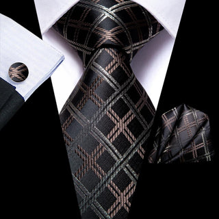 Black Brown Plaid Silk Necktie Pocket Square Cufflinks Set