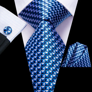 White Blue Plaid Silk Necktie Pocket Square Cufflinks Set