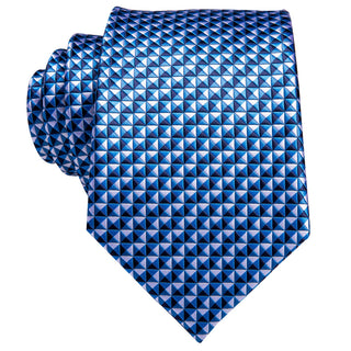 White Blue Plaid Silk Necktie Pocket Square Cufflinks Set