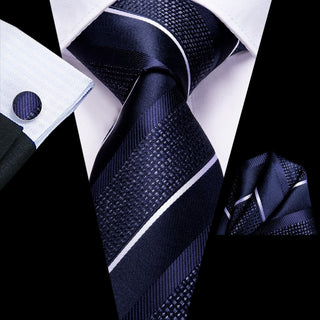 Navy Blue White Striped Silk Necktie Pocket Square Cufflinks Set