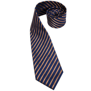 Blue Gold Striped Silk Necktie Pocket Square Cufflinks Set
