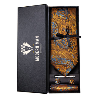 Gold Fashion Luxury Paisley Silk Necktie Pocket Square Cufflinks Set