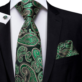 New Dark Green Paisley Silk Necktie Pocket Square Cufflinks Set