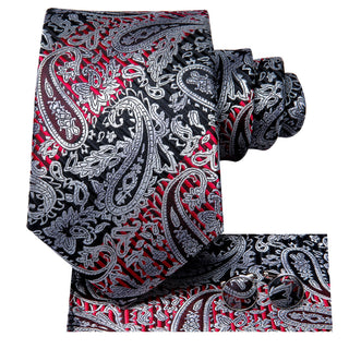 Silver Black Red Paisley Silk Necktie Pocket Square Cufflinks Set