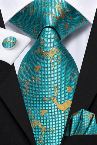 Teal Golden Elk Christmas Silk Necktie Pocket Square Cufflinks Set