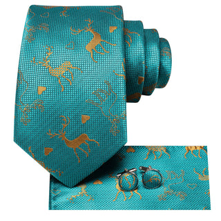 Teal Golden Elk Christmas Silk Necktie Pocket Square Cufflinks Set
