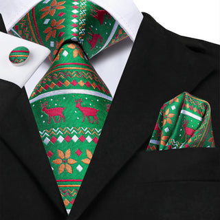 Green Red Orange Novelty Christmas Silk Necktie Pocket Square Cufflinks Set