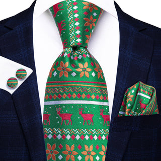 Green Red Orange Novelty Christmas Silk Necktie Pocket Square Cufflinks Set