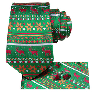 Green Red Orange Novelty Christmas Silk Necktie Pocket Square Cufflinks Set
