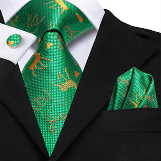Green Golden Elk Christmas Silk Necktie Pocket Square Cufflinks Set