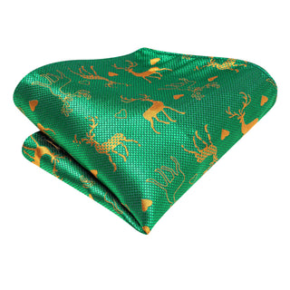 Green Golden Elk Christmas Silk Necktie Pocket Square Cufflinks Set