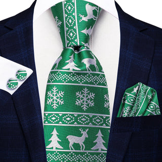 Green White Novelty Christmas Silk Necktie Pocket Square Cufflinks Set