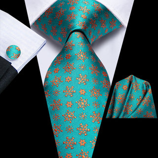Teal Orange Snow Christmas Silk Necktie Pocket Square Cufflinks Set