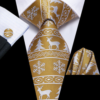 Golden White Elk Christmas Silk Necktie Pocket Square Cufflinks Set