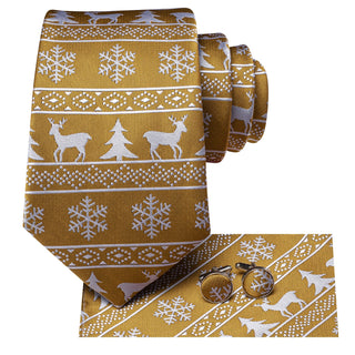 Golden White Elk Christmas Silk Necktie Pocket Square Cufflinks Set