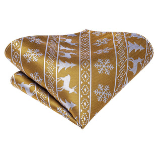 Golden White Elk Christmas Silk Necktie Pocket Square Cufflinks Set