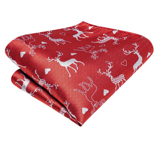 Red White Elk Christmas Tree Silk Necktie Pocket Square Cufflinks Set