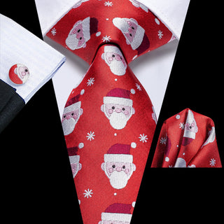 Red Santa Novelty Christmas Silk Necktie Pocket Square Cufflinks Set