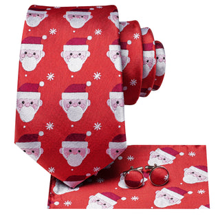 Red Santa Novelty Christmas Silk Necktie Pocket Square Cufflinks Set