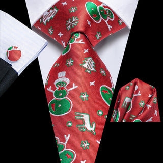 Red Green Snowman Christmas Tree Silk Necktie Pocket Square Cufflinks Set