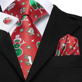 Red Green Snowman Christmas Tree Silk Necktie Pocket Square Cufflinks Set