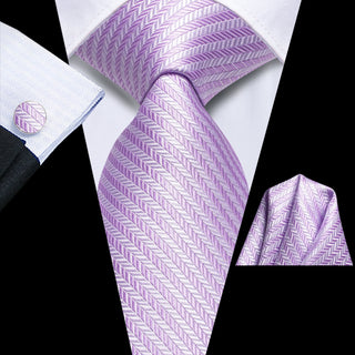 Lilac Purple White Striped Silk Necktie Pocket Square Cufflinks Set