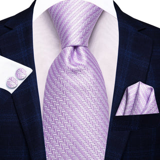 Lilac Purple White Striped Silk Necktie Pocket Square Cufflinks Set