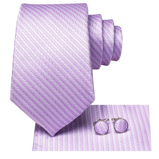 Lilac Purple White Striped Silk Necktie Pocket Square Cufflinks Set